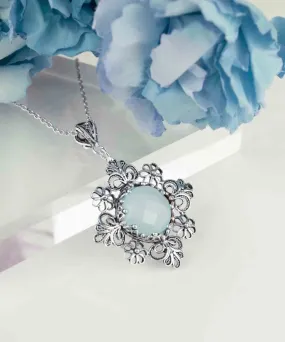 Aqua Chalcedony Daisy Pendant Necklace - Silver Filigree Elegance, qua Chalcedony Necklace, Daisy Pendant