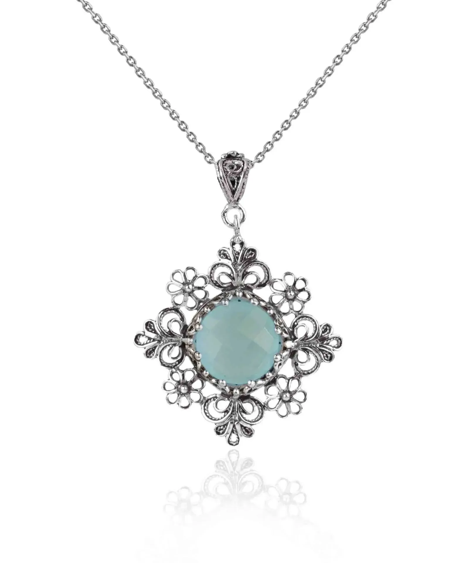 Aqua Chalcedony Daisy Pendant Necklace - Silver Filigree Elegance, qua Chalcedony Necklace, Daisy Pendant