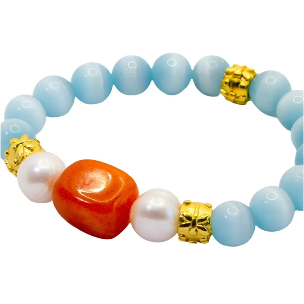 Aquamarine, Baroque Pearls & Carnelian Gemstone Beaded Bracelet