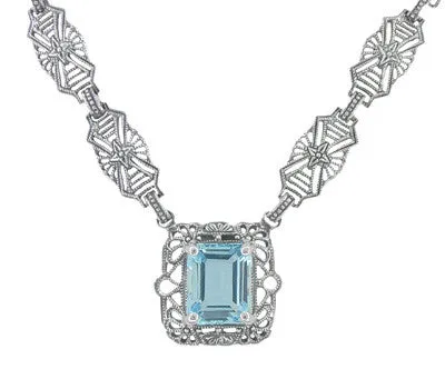 Art Deco Filigree Blue Topaz Drop Pendant Necklace in Sterling Silver