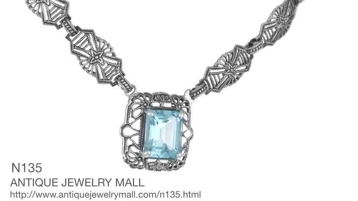 Art Deco Filigree Blue Topaz Drop Pendant Necklace in Sterling Silver