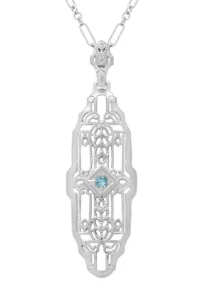 Art Deco Filigree Sky Blue Topaz Lozenge Necklace in Sterling Silver