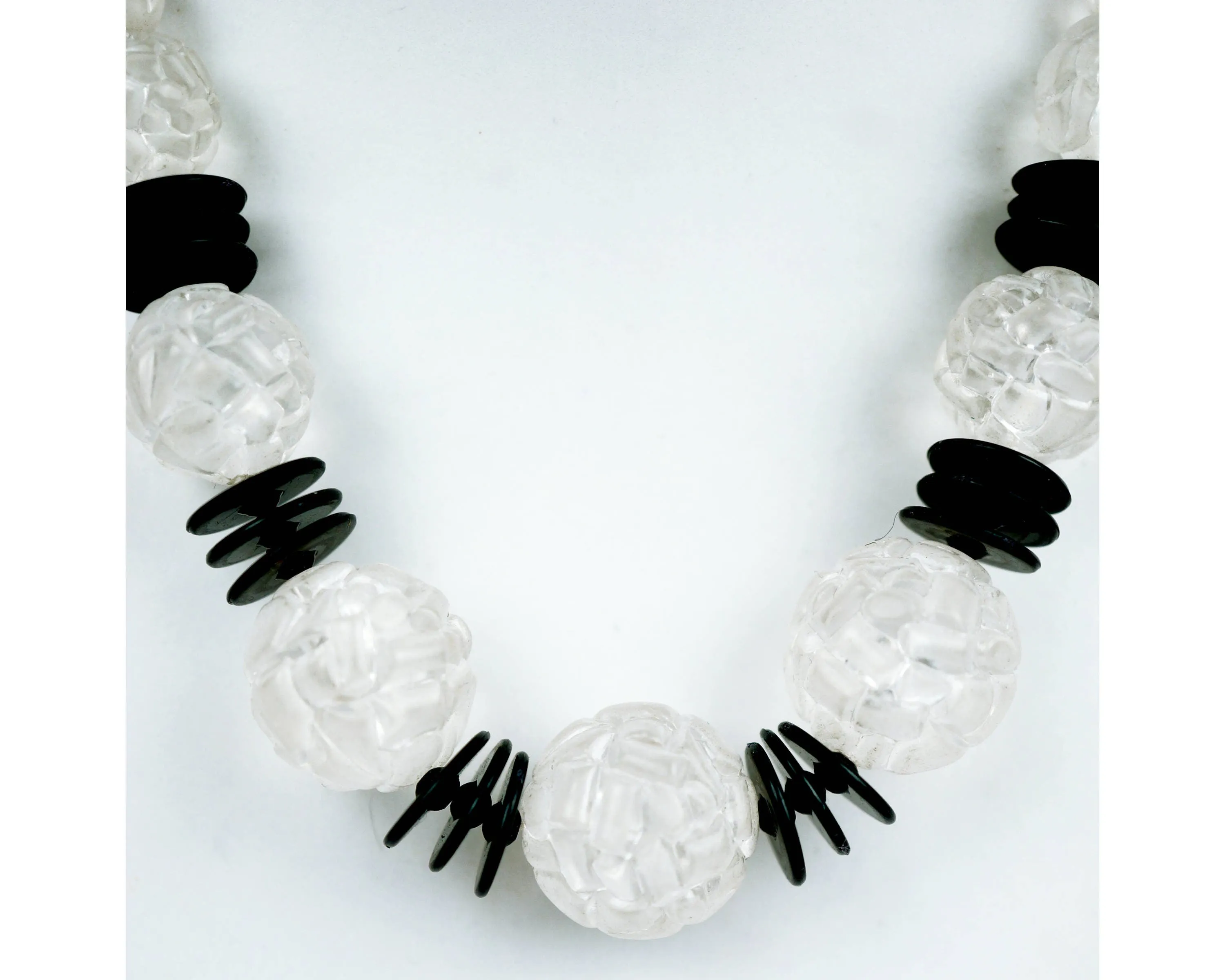 Art Deco Plastic Necklace 1930s Clear Beads with Black Flying Saucer Spacers