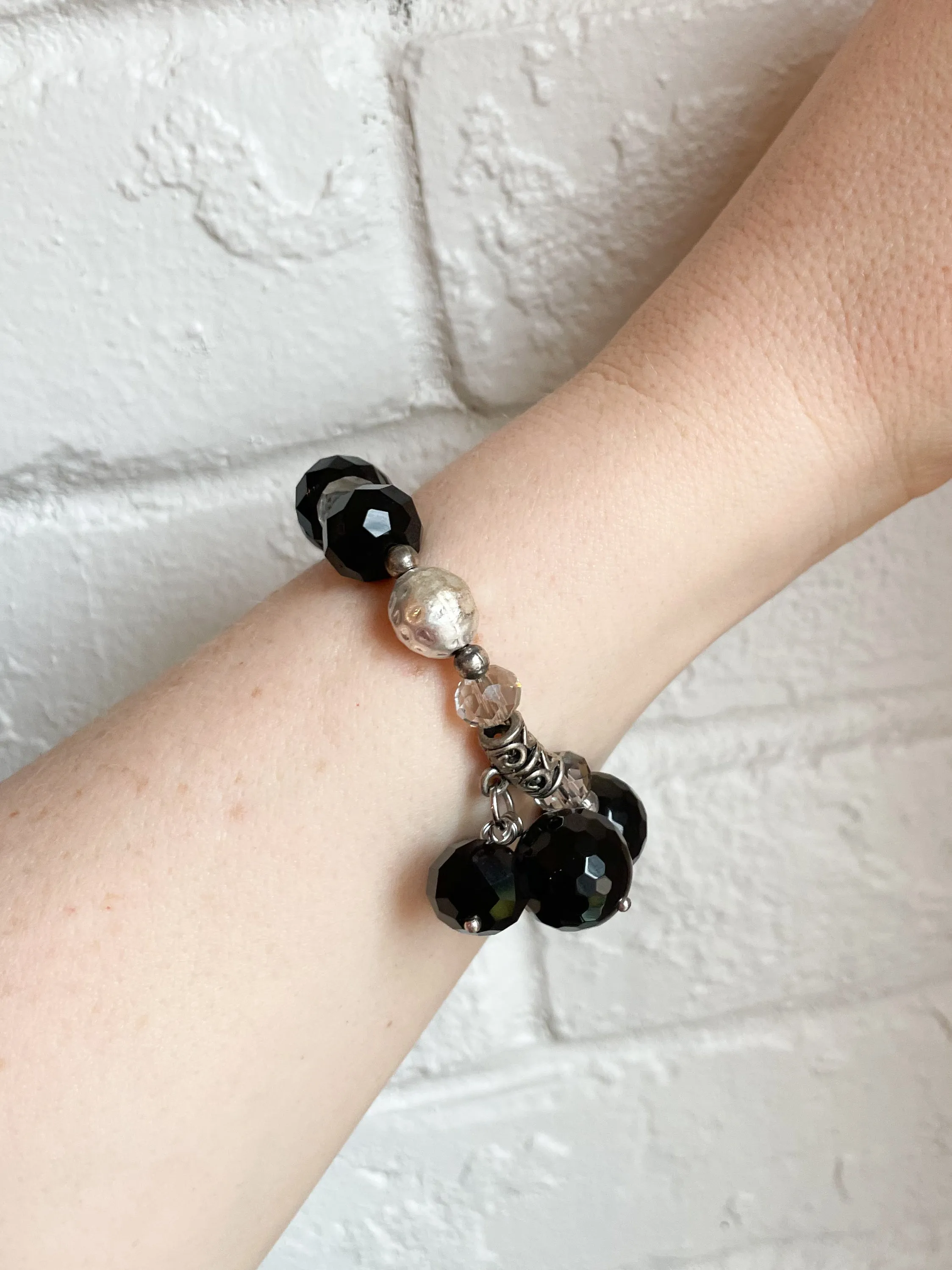 Black Silver Crystal Bauble Stretch Bracelet