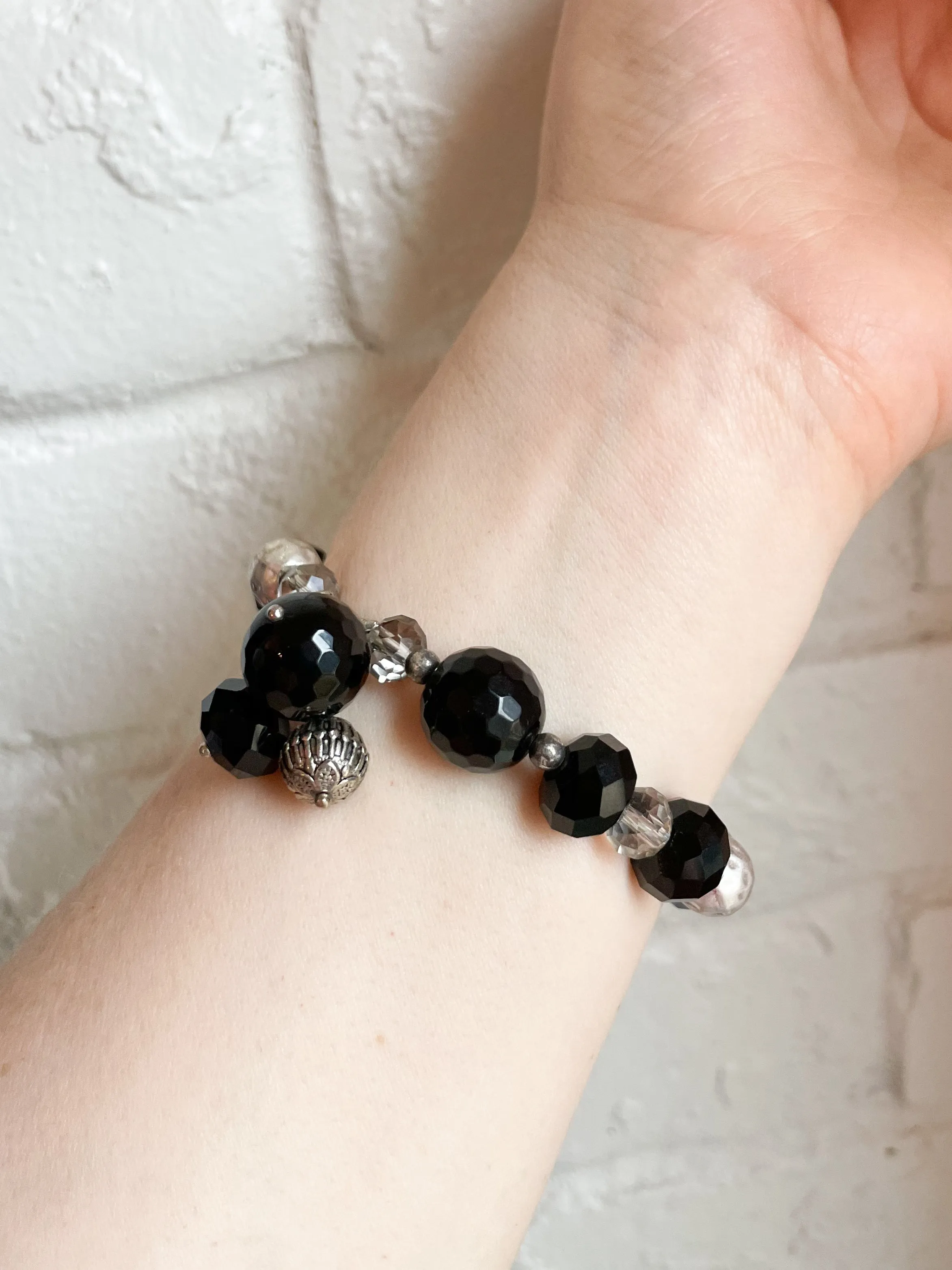 Black Silver Crystal Bauble Stretch Bracelet