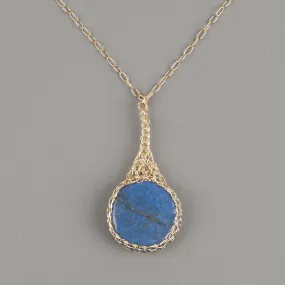 Blue Lapis lazuli pendant necklace wire crocheted in gold wire