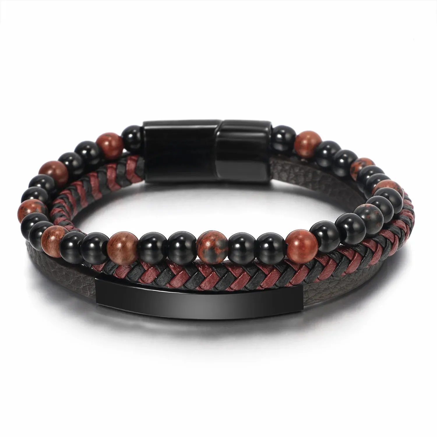 Bracelet pour Homme à 3 rangées en simili cuir avec Perles Noires & Bleues ou Rouges très tendance ! (2 Coloris/Livraison OFFERTE)