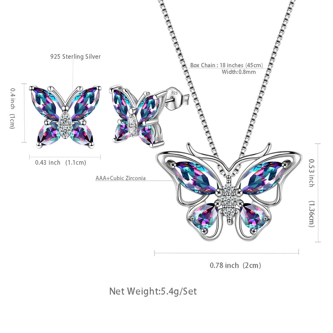 Butterfly Rainbow Mystic Topaz Jewelry Sets 3PCS Women Girls Gift Sterling Silver