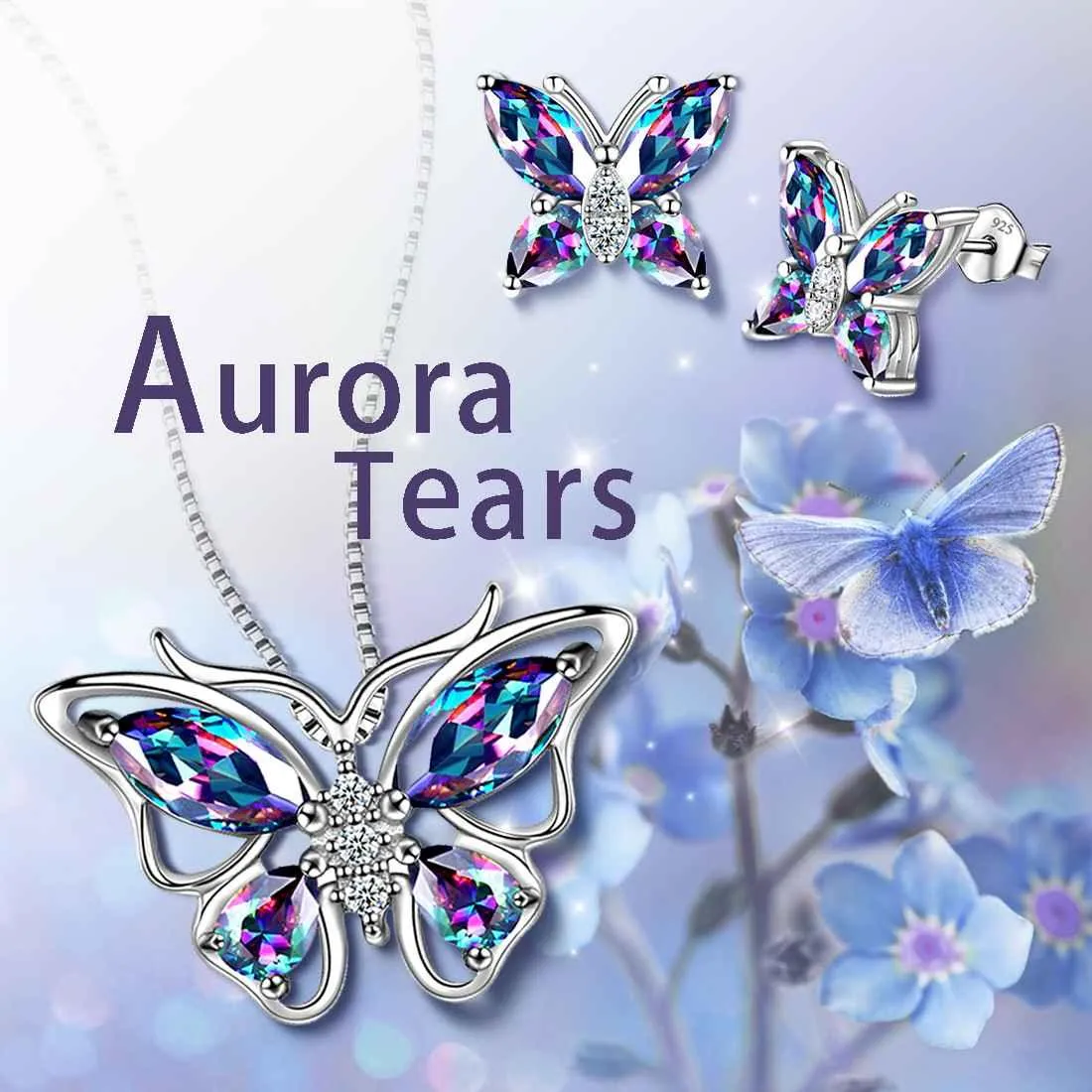 Butterfly Rainbow Mystic Topaz Jewelry Sets 3PCS Women Girls Gift Sterling Silver