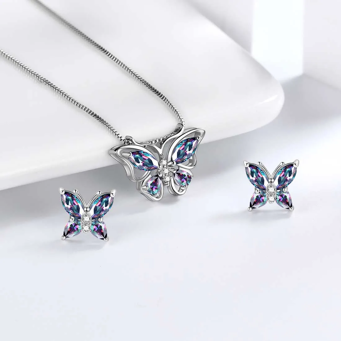 Butterfly Rainbow Mystic Topaz Jewelry Sets 3PCS Women Girls Gift Sterling Silver