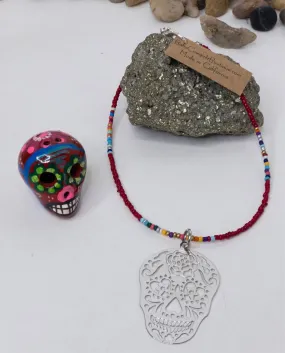 Calavera Beaded Red Serape Choker Necklace