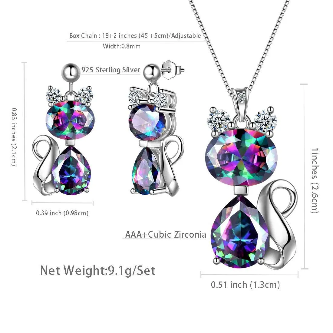 Cat Rainbow Mystic Topaz Necklace Earring Jewelry Set Women Girls Birthday Gift