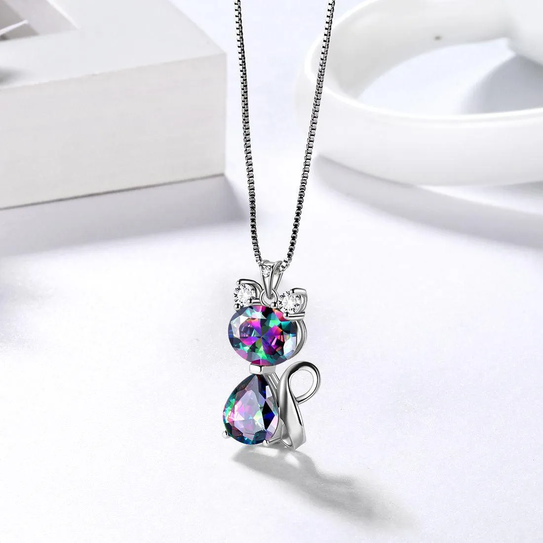 Cat Rainbow Mystic Topaz Necklace Earring Jewelry Set Women Girls Birthday Gift