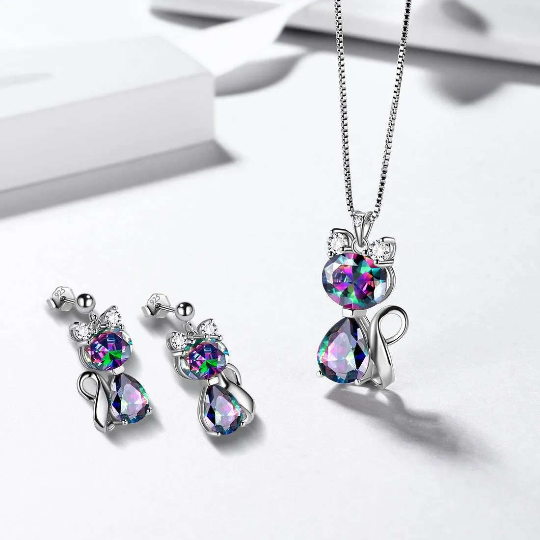 Cat Rainbow Mystic Topaz Necklace Earring Jewelry Set Women Girls Birthday Gift