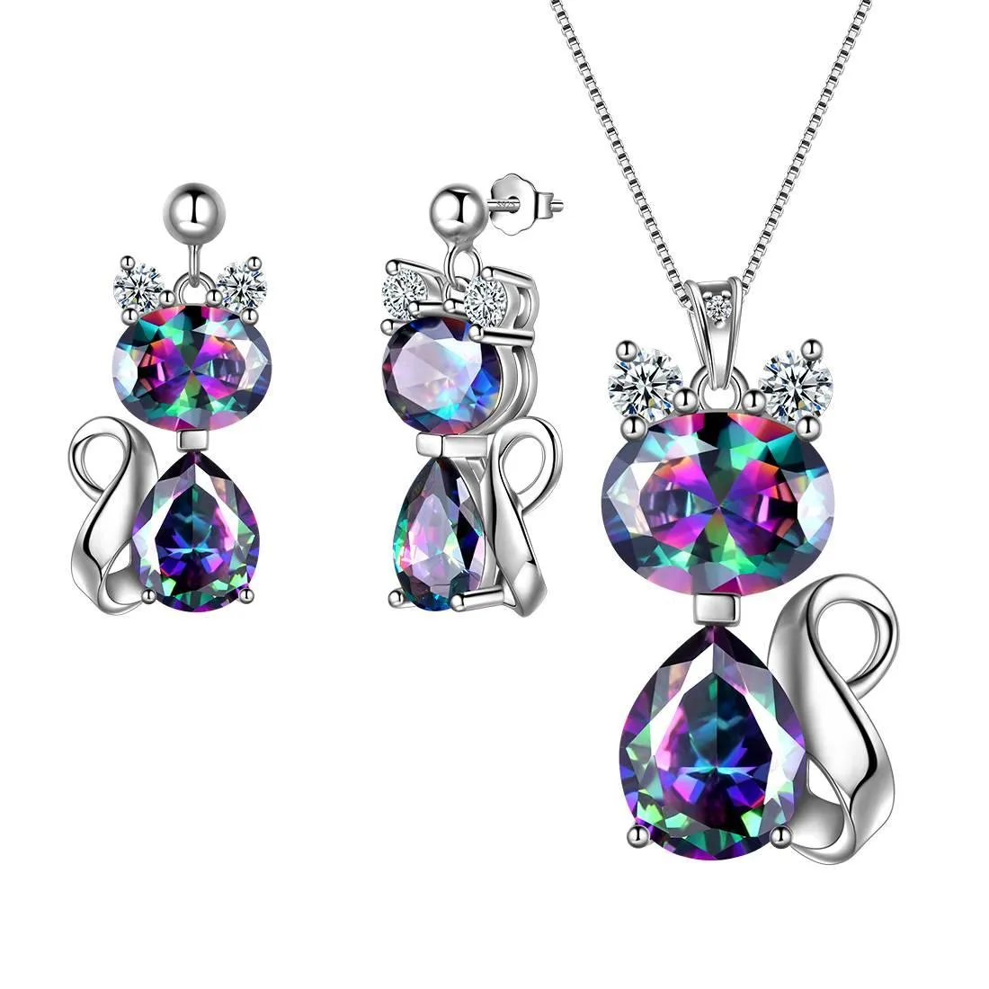 Cat Rainbow Mystic Topaz Necklace Earring Jewelry Set Women Girls Birthday Gift