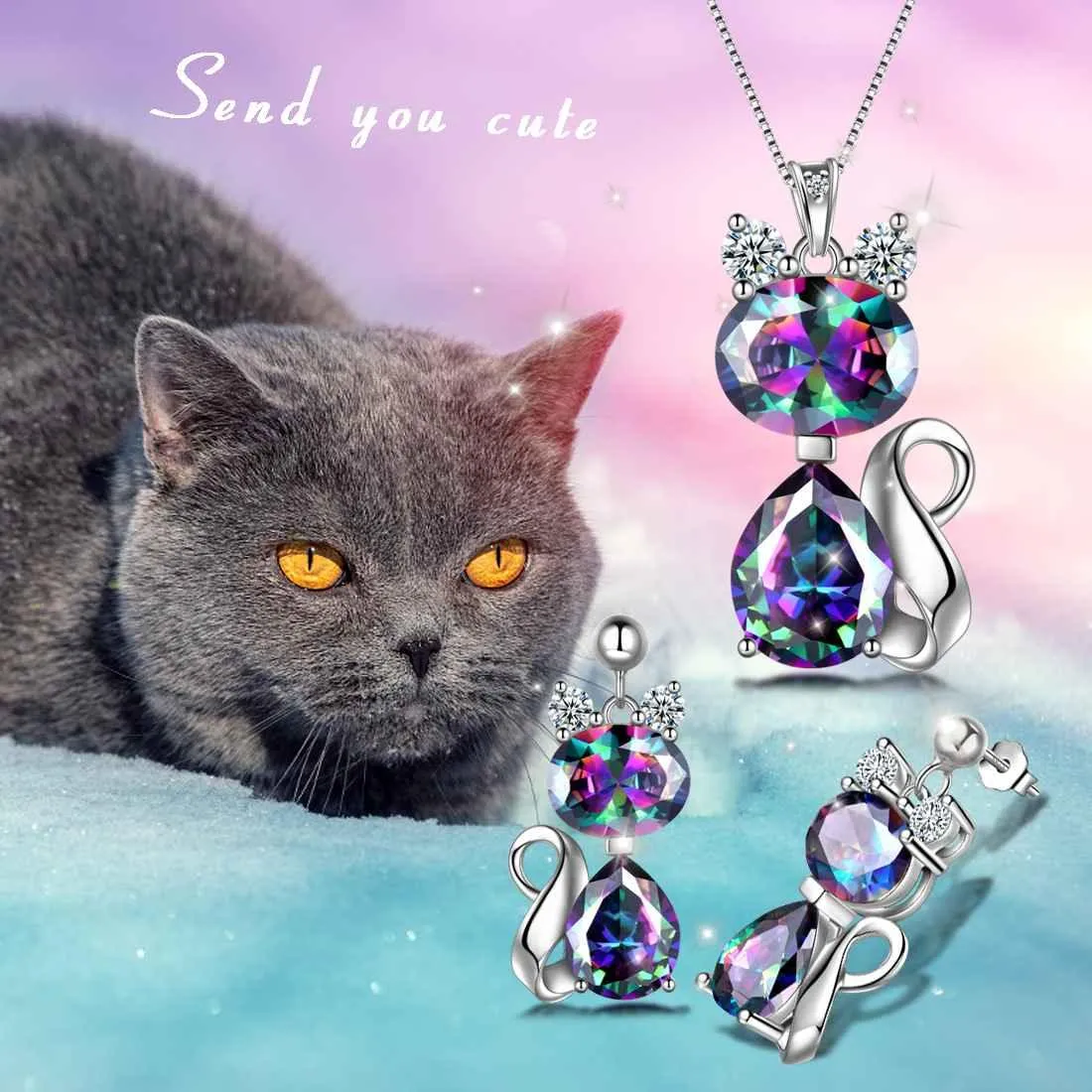 Cat Rainbow Mystic Topaz Necklace Earring Jewelry Set Women Girls Birthday Gift