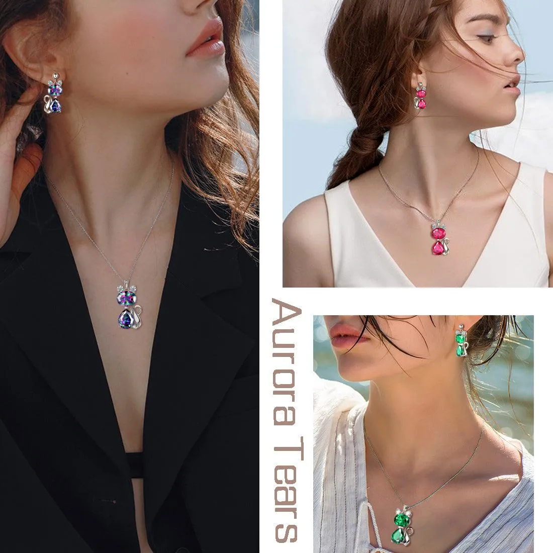 Cat Rainbow Mystic Topaz Necklace Earring Jewelry Set Women Girls Birthday Gift