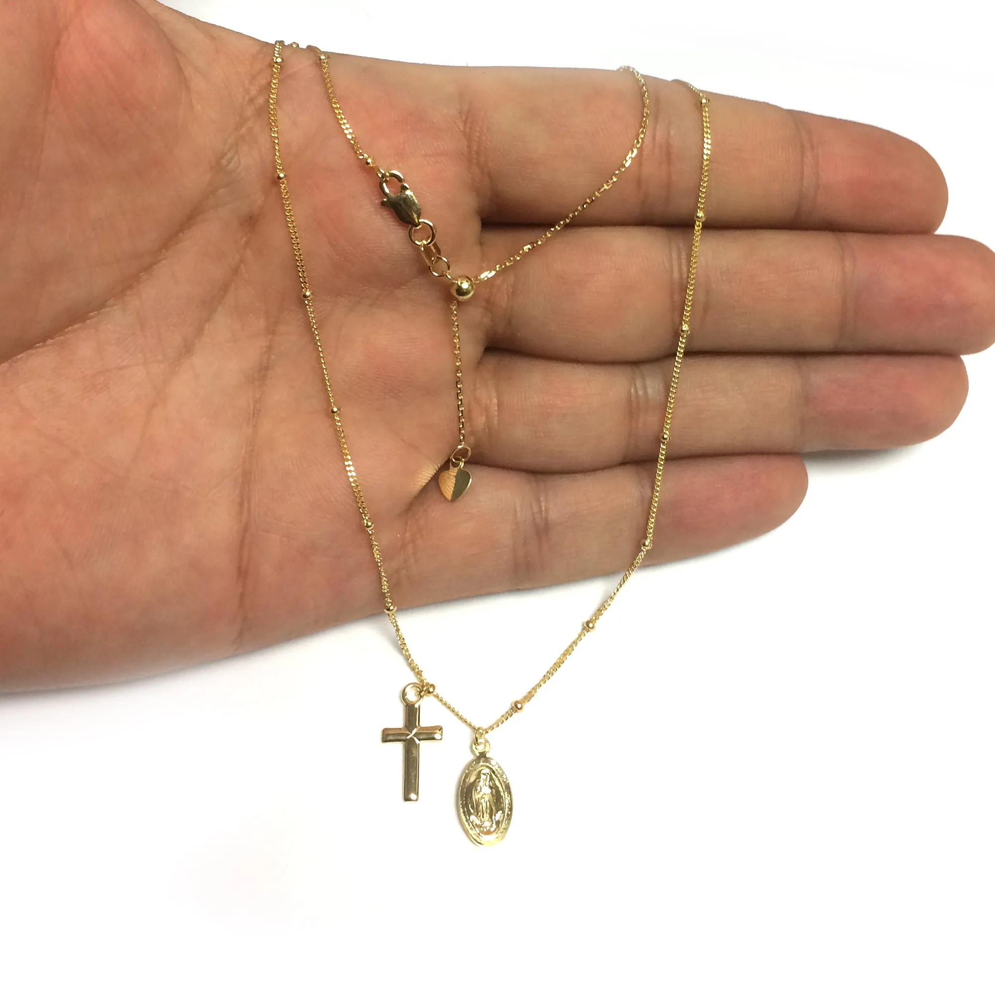 Choker With Dangling Virgin Mary And Cross 14k Yellow Gold Necklace, 16" Adjustable