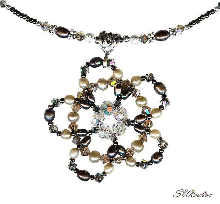 Coffee Hazelnut Floral Bead Crystal Pearl Bead Art Necklace