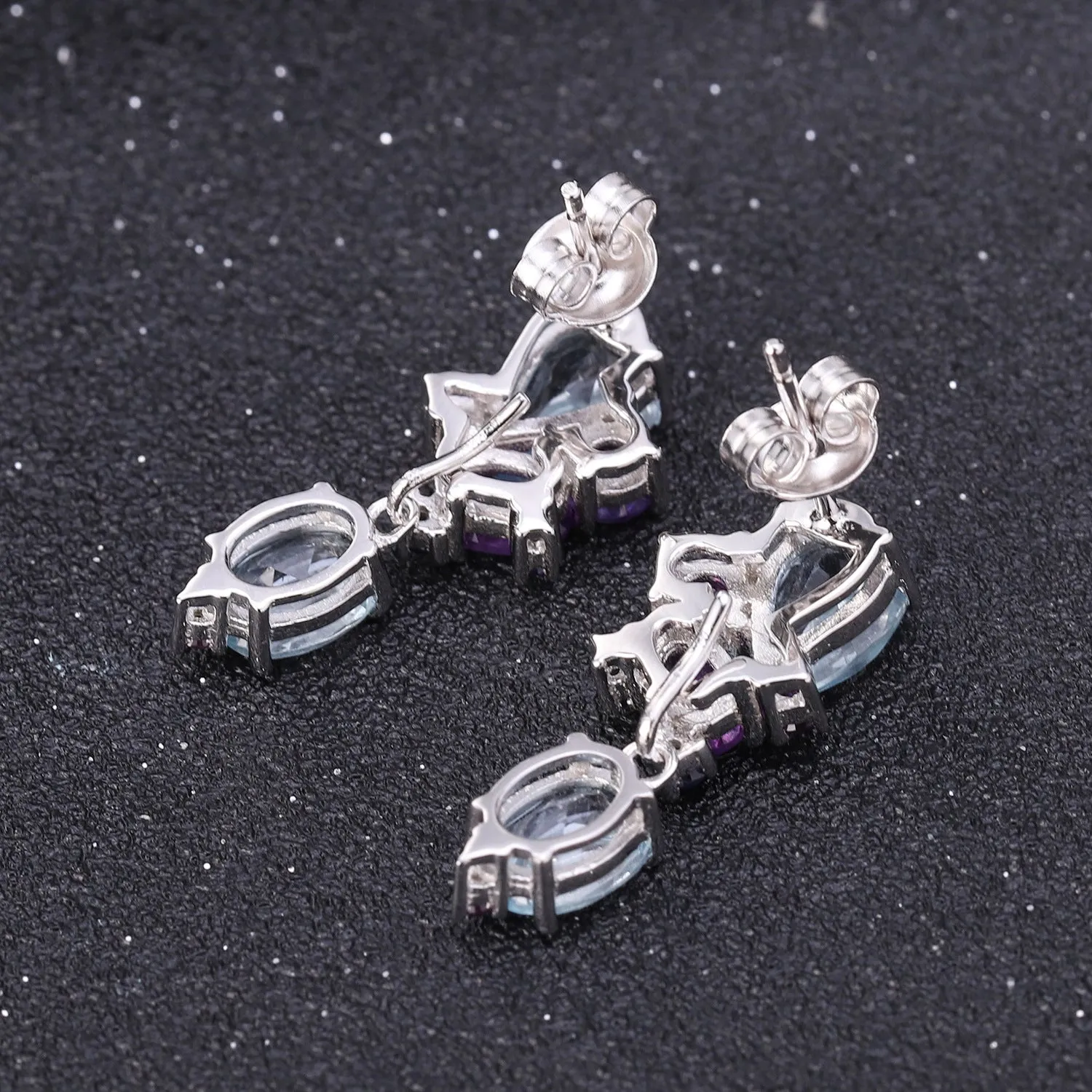 Colourful Mardi Gras Earrings-Gemstones Creative Shape Silver Drop Earrings for Women