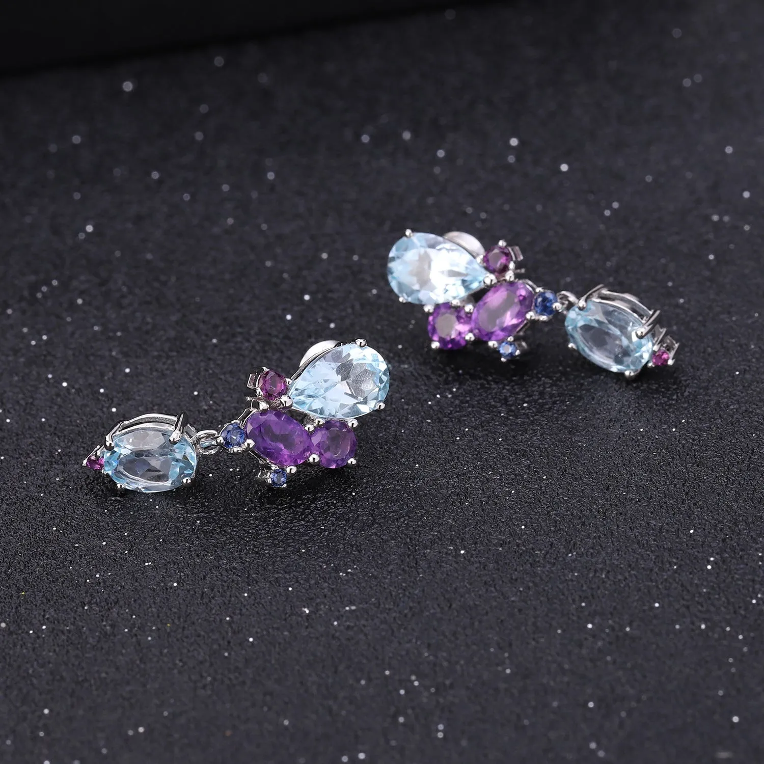 Colourful Mardi Gras Earrings-Gemstones Creative Shape Silver Drop Earrings for Women