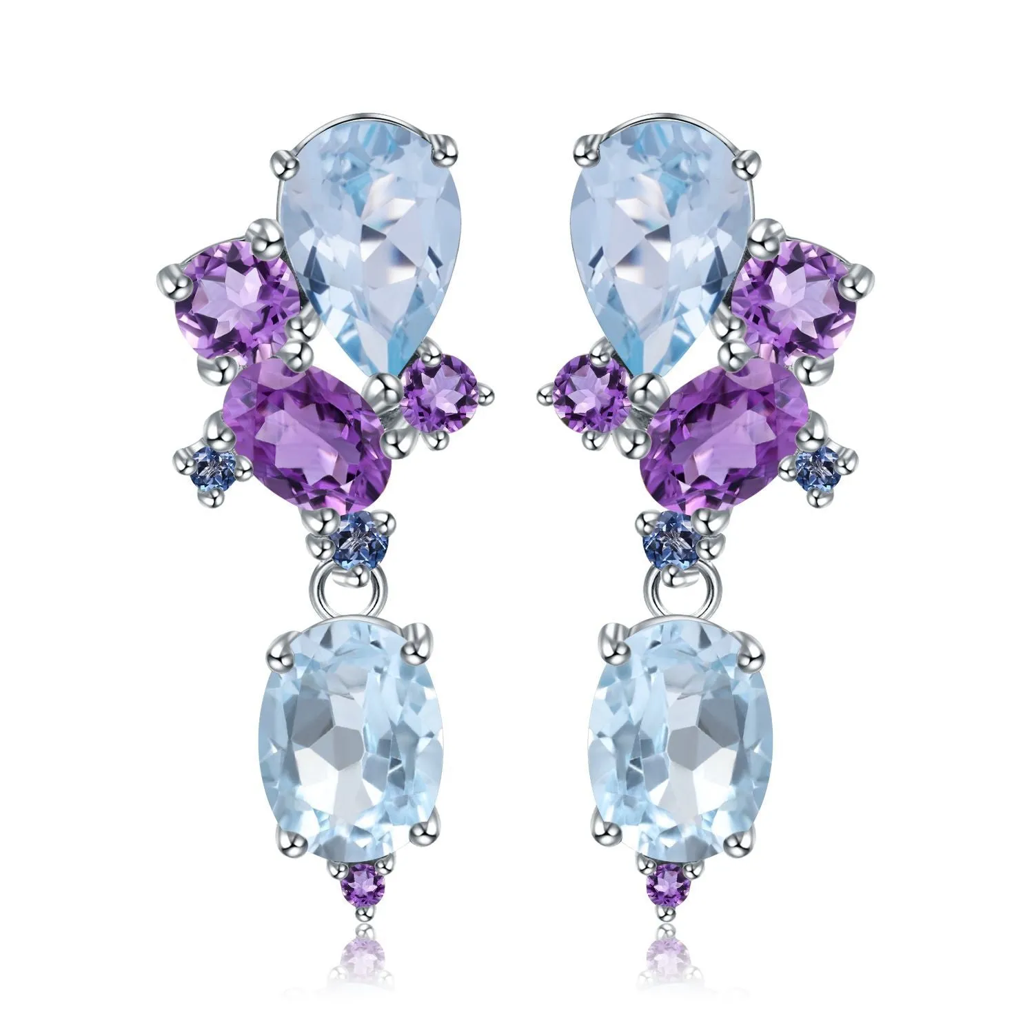 Colourful Mardi Gras Earrings-Gemstones Creative Shape Silver Drop Earrings for Women