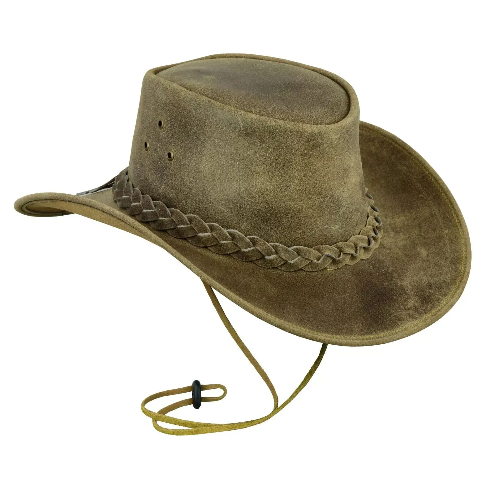 Cowboy Hat Western Aussie Style Crazy Horse Leather Hat with Chin Strap