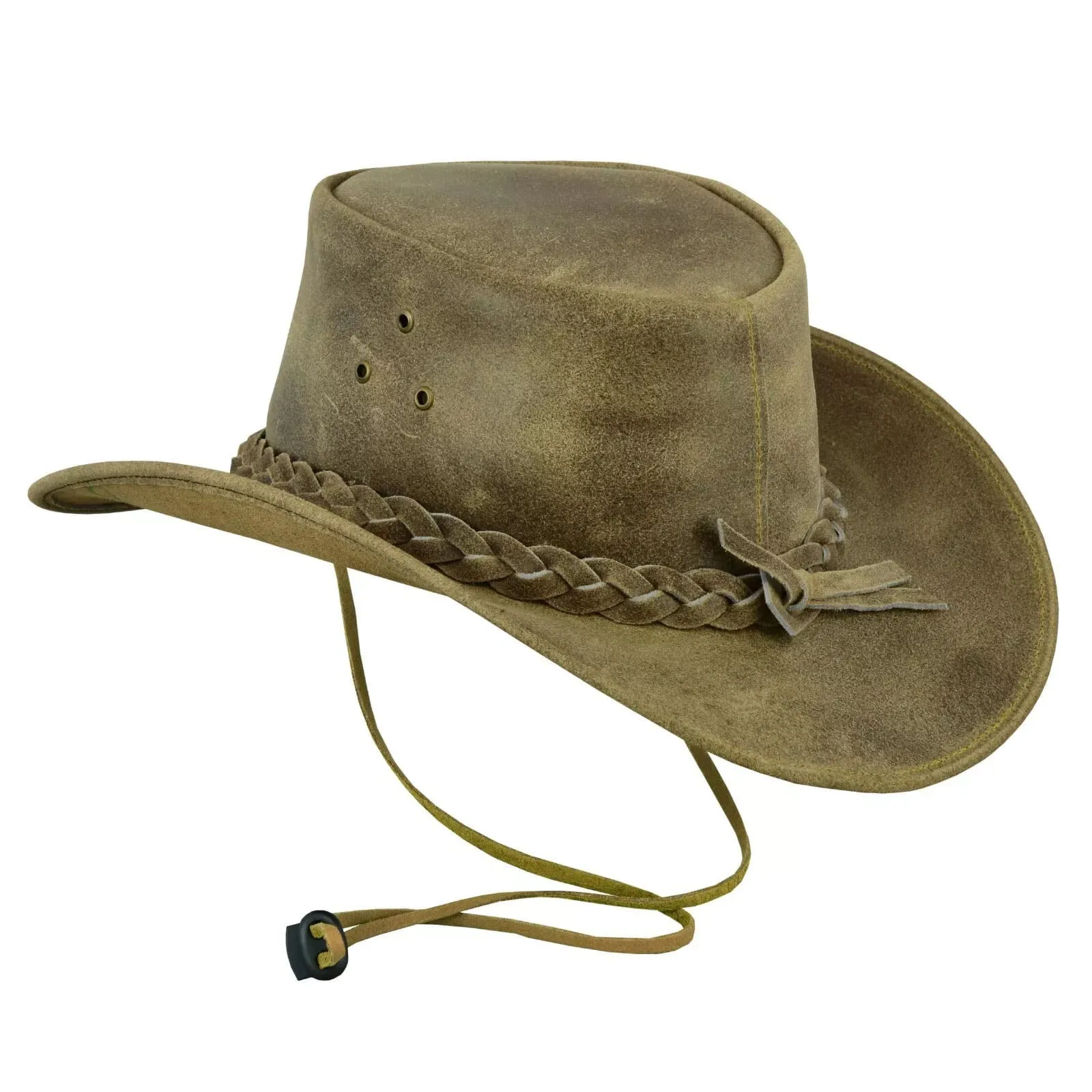 Cowboy Hat Western Aussie Style Crazy Horse Leather Hat with Chin Strap