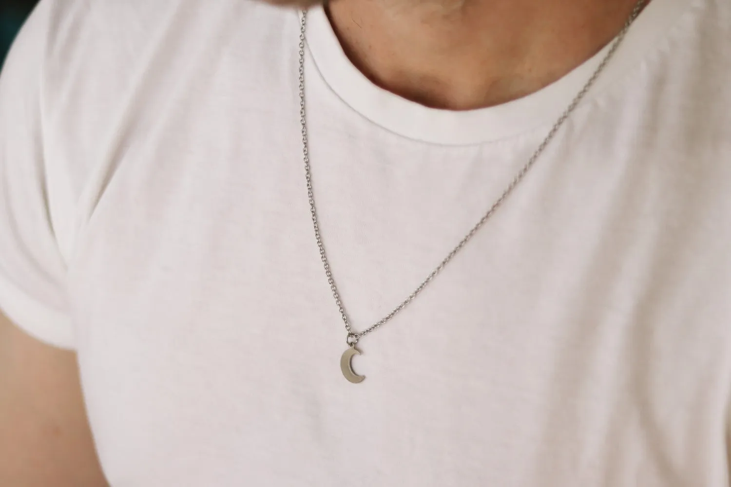 Crescent moon chain necklace for men, silver half moon pendant, gift for him, waterproof necklace