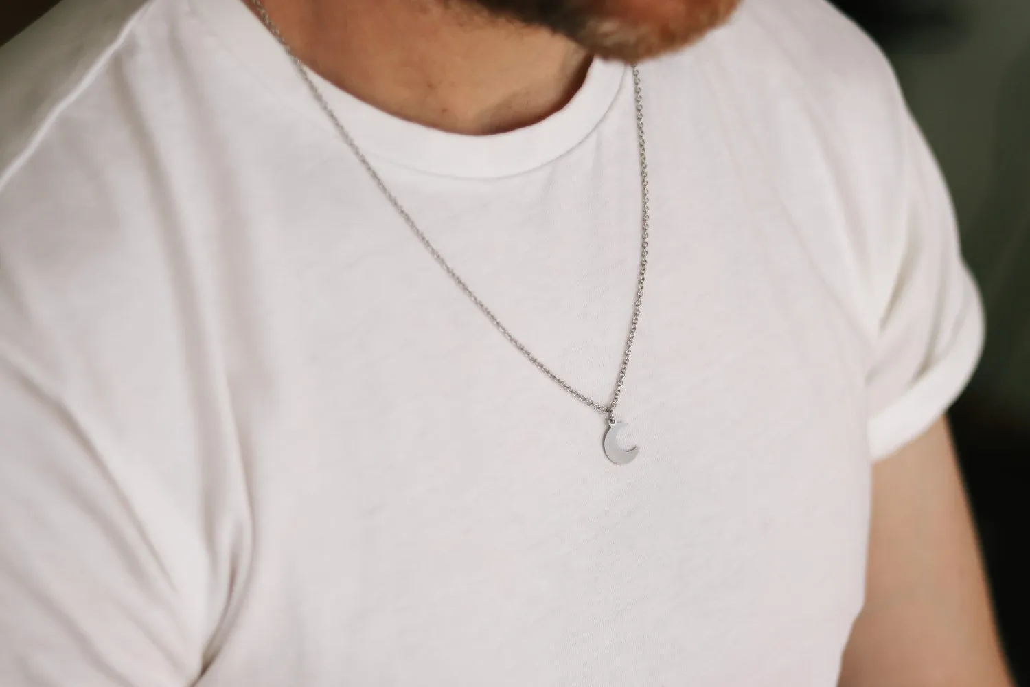 Crescent moon chain necklace for men, silver half moon pendant, gift for him, waterproof necklace