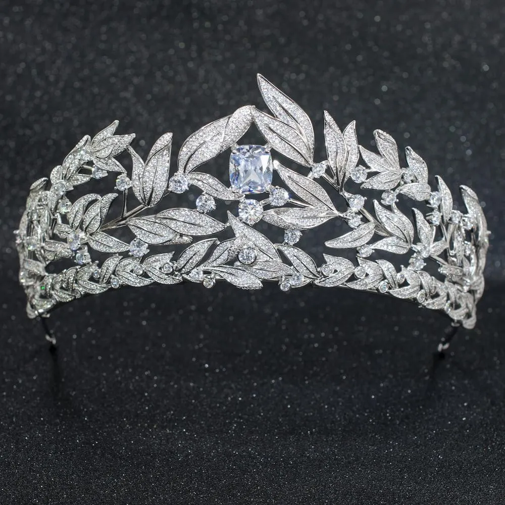 Cubic Zirconia Wedding Bridal Leaves Big Tiara Crown  CH10268