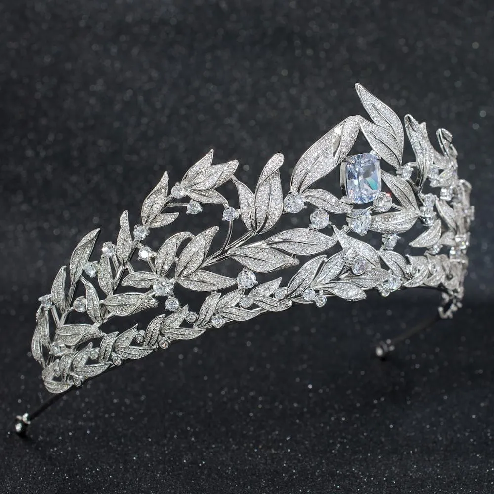 Cubic Zirconia Wedding Bridal Leaves Big Tiara Crown  CH10268