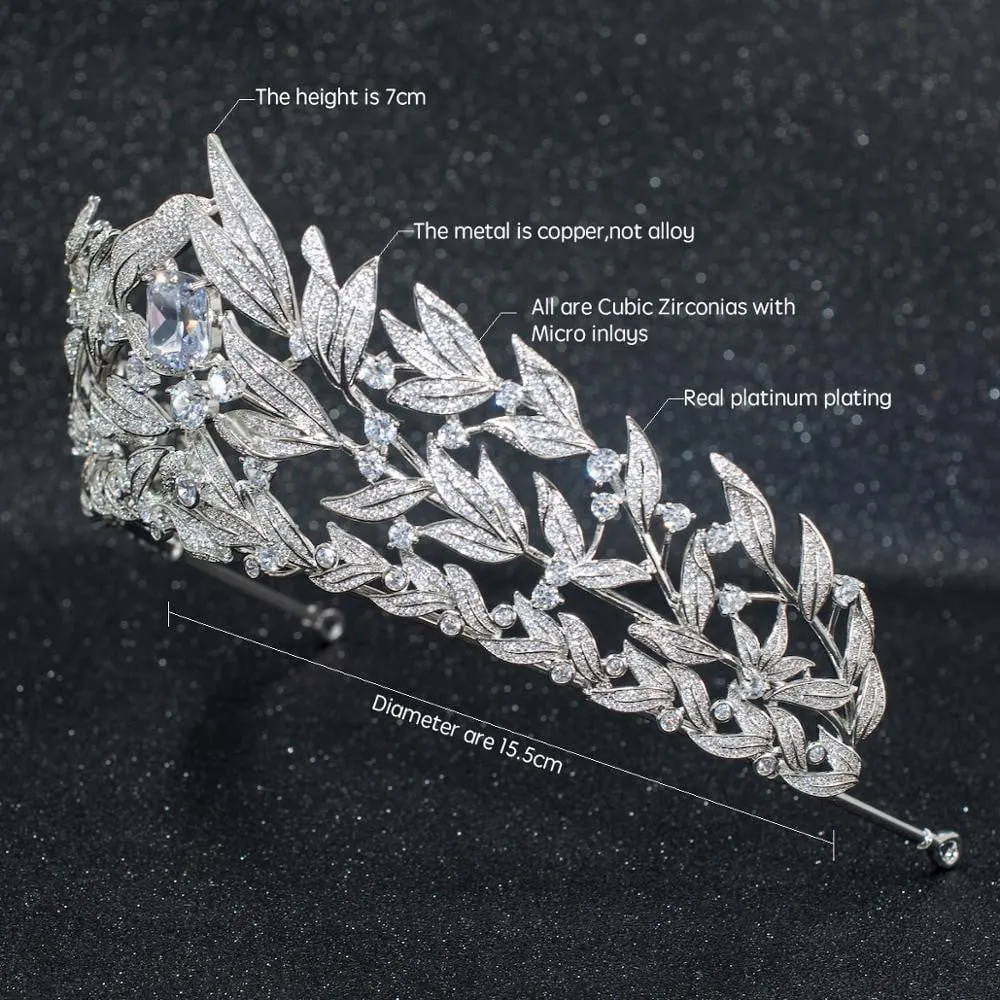 Cubic Zirconia Wedding Bridal Leaves Big Tiara Crown  CH10268