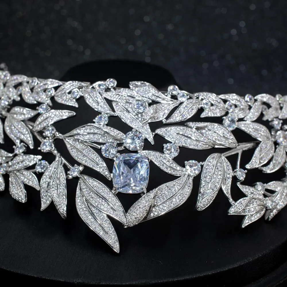 Cubic Zirconia Wedding Bridal Leaves Big Tiara Crown  CH10268