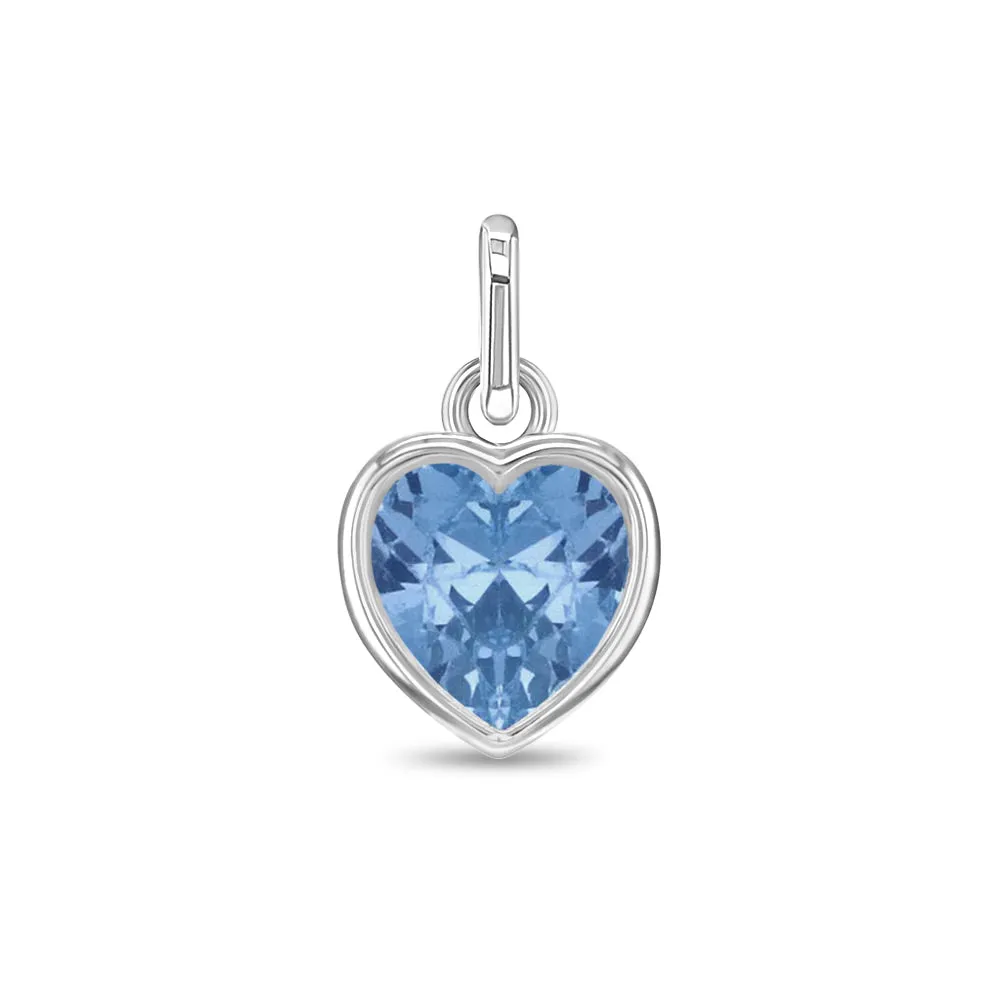 CZ Birthstone Heart Charm March – Aquamarine Kids / Children's / Girls for Charm Bracelet - Sterling Silver