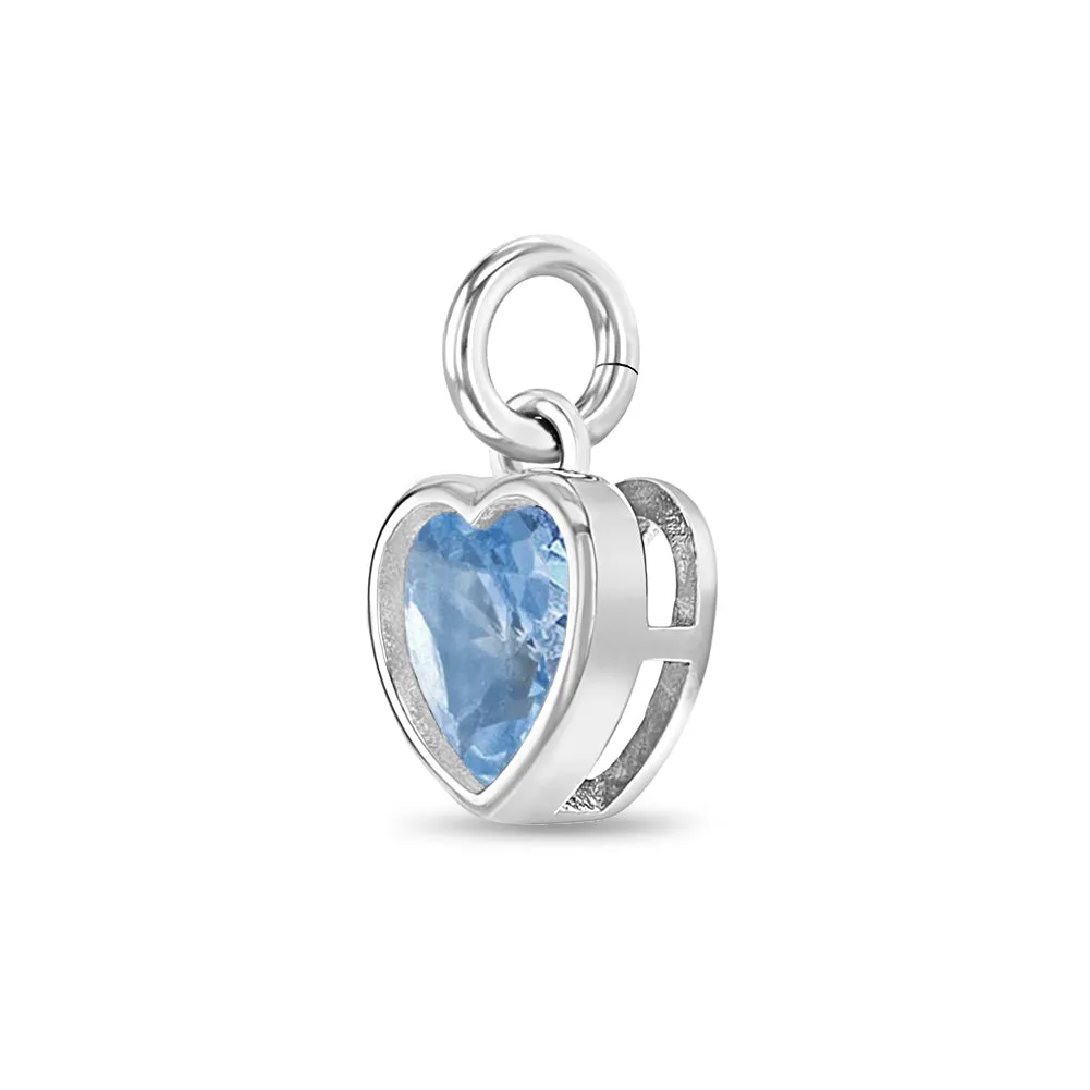 CZ Birthstone Heart Charm March – Aquamarine Kids / Children's / Girls for Charm Bracelet - Sterling Silver