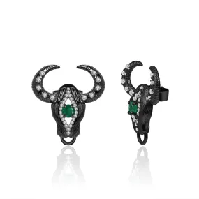 Dark Vintage Style Inlaid Colourful Gemstones Bull Head Silver Studs for Women