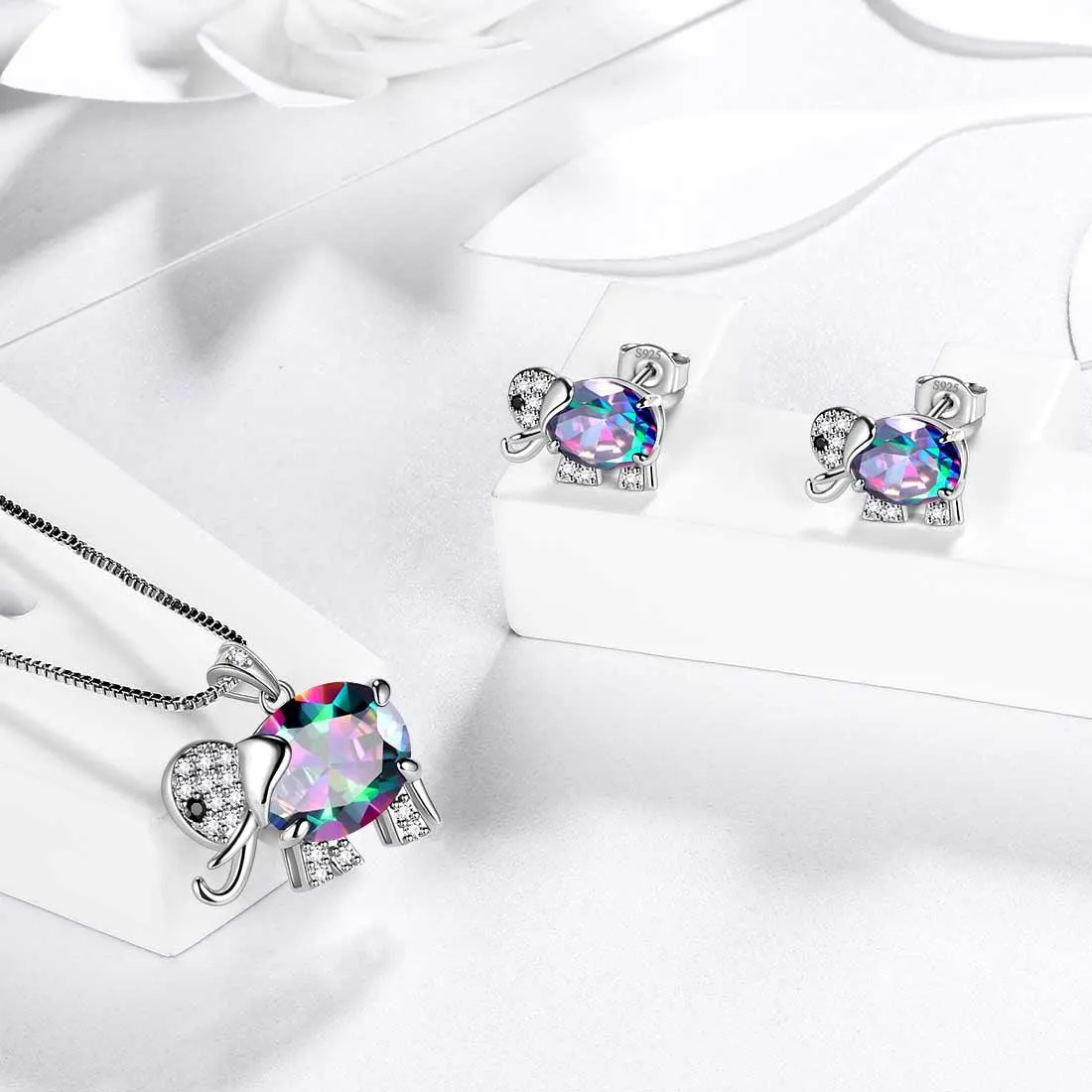 Elephant Rainbow Mystic Topaz Jewelry Set 3PCS Women Girls Birthday Gift