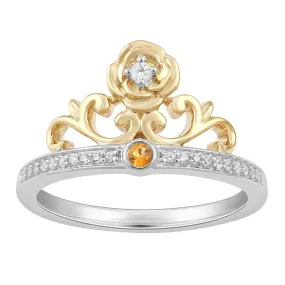 Enchanted Disney Fine Jewelry 14K Yellow Gold over Sterling Silver 1/10 Cttw Diamond and Citrine Belle Rose Tiara Ring