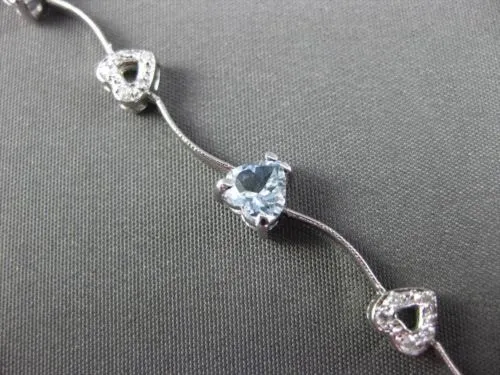 ESTATE 3.65CT DIAMOND & AAA AQUAMARINE 14KT WHITE GOLD MULTI HEART LOVE BRACELET