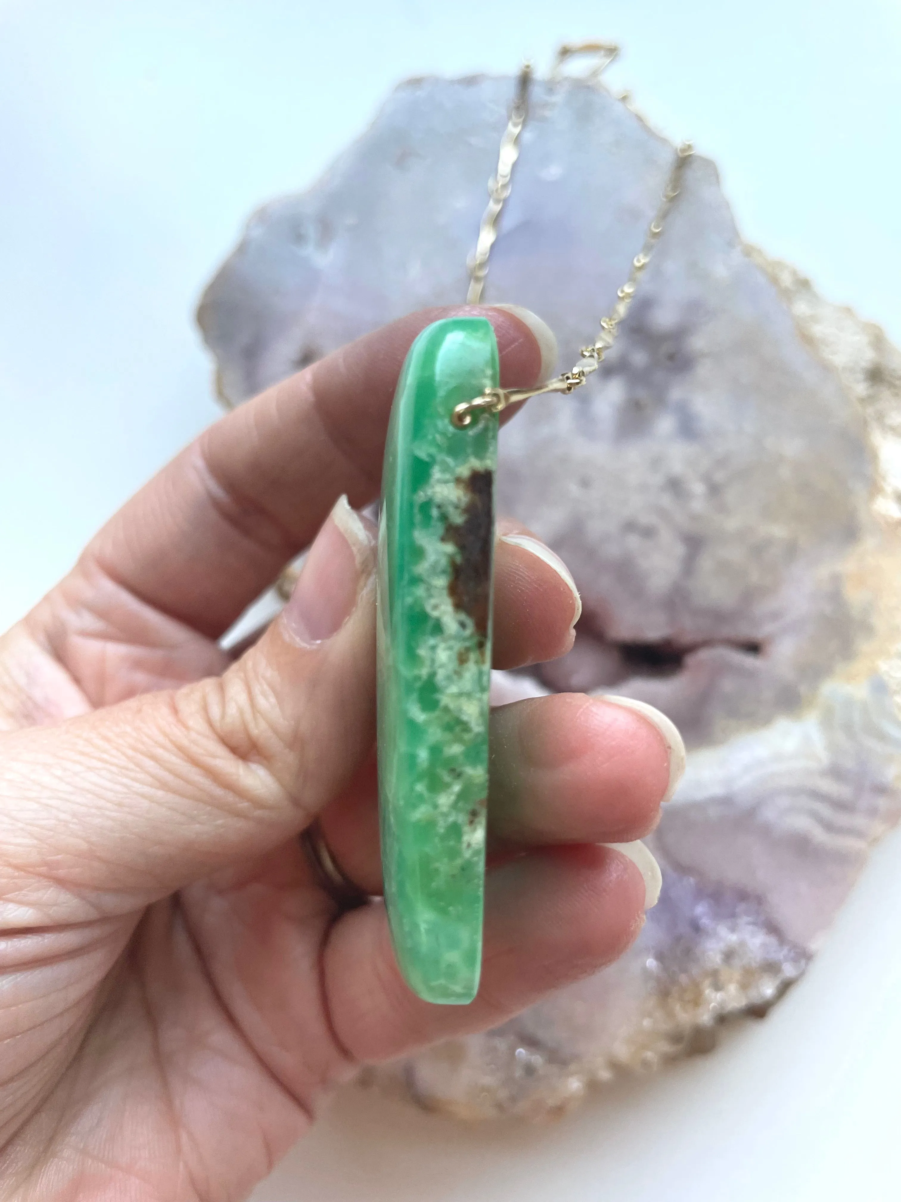 Extra Large Chrysoprase Crystal Necklace on Gold Fill 18”