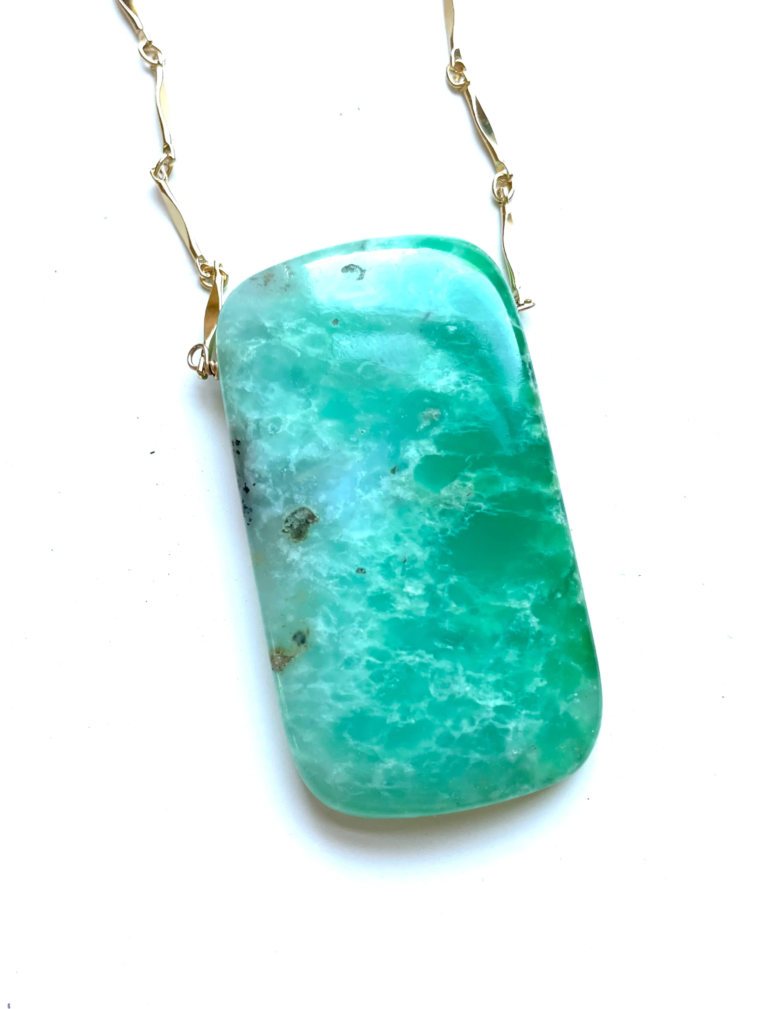 Extra Large Chrysoprase Crystal Necklace on Gold Fill 18”