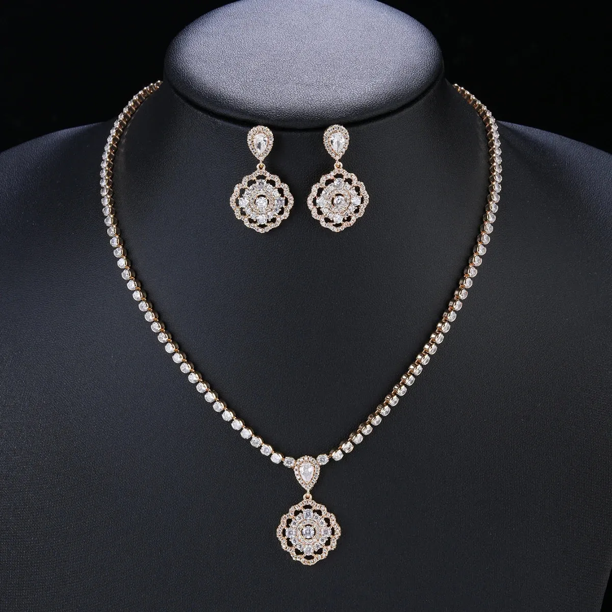 Fashion Simple Transparent CZ Shiny Cubic Zirconia Wedding Party Pendat Necklace Earrings Jewelry Set CN10754