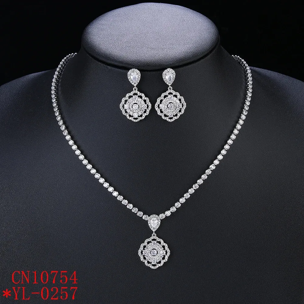 Fashion Simple Transparent CZ Shiny Cubic Zirconia Wedding Party Pendat Necklace Earrings Jewelry Set CN10754