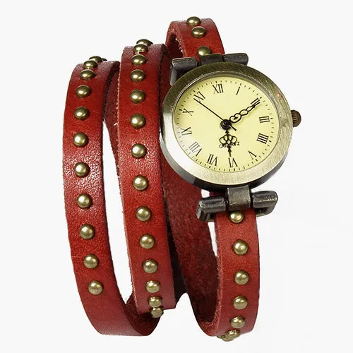 Fashionable Rivet Leather Belt Retro Watch Hand Chain-orangered - Orange Red