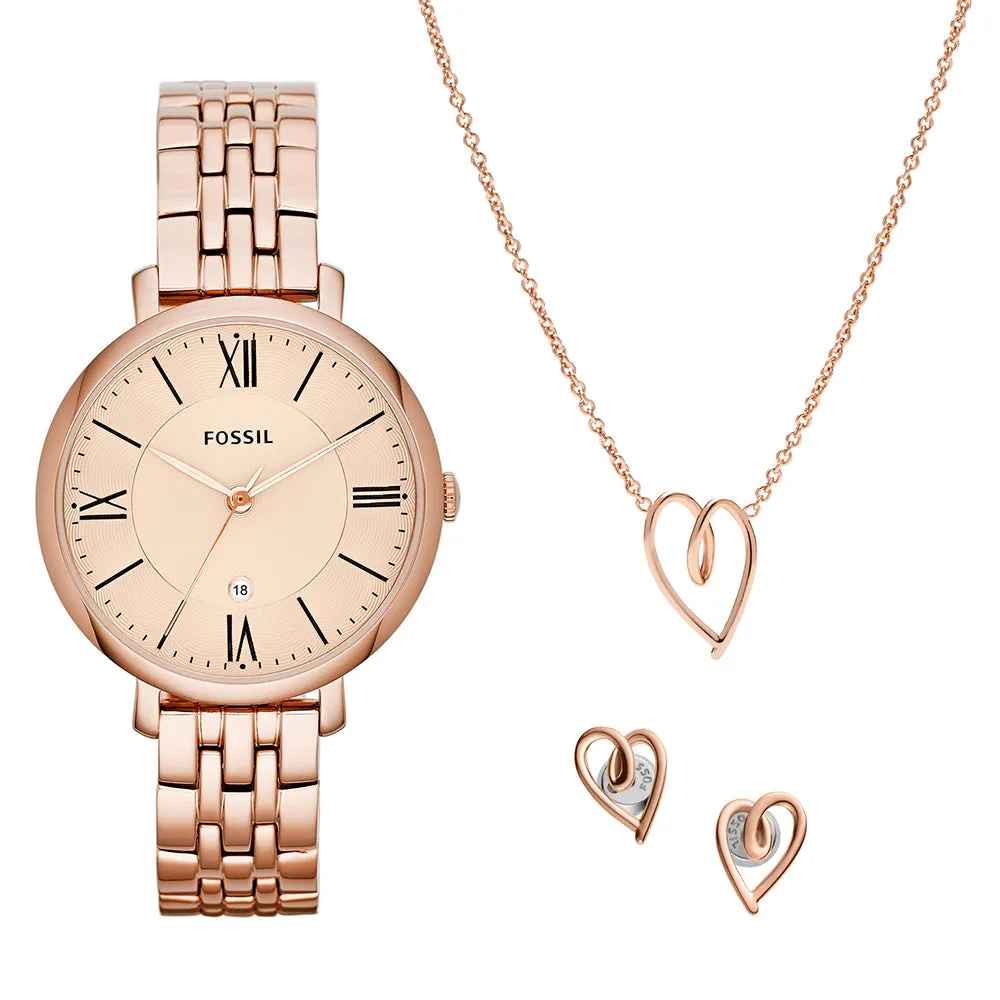 Fossil ES5252SET Jacqueline Rose Tone Watch with Necklace and Earrings