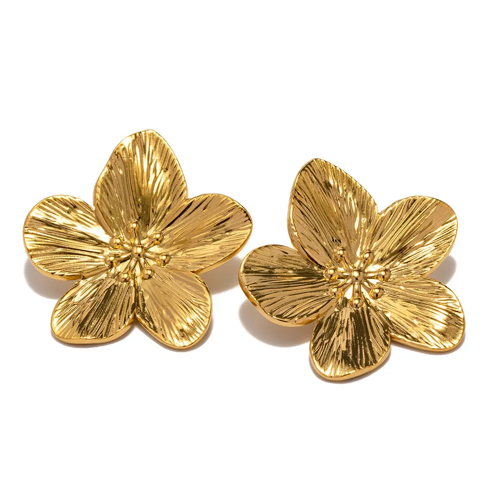 French Royal Style Dull Vintage Gold Stainless Steel Flower Metal Stud Earrings