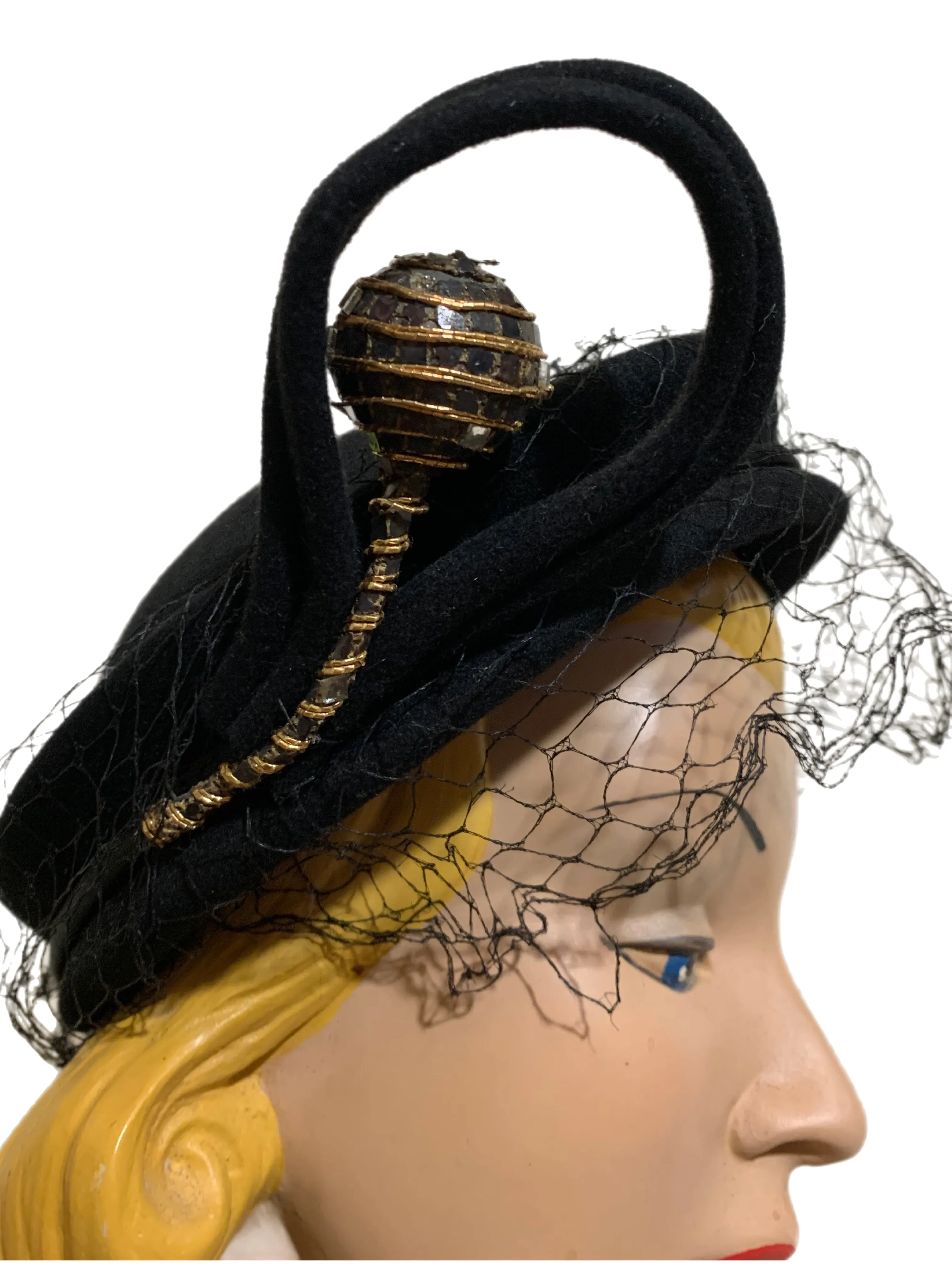 Glam Black Hat with Sculpted Swirl and Metallic Trimmed Accent circa 1930s