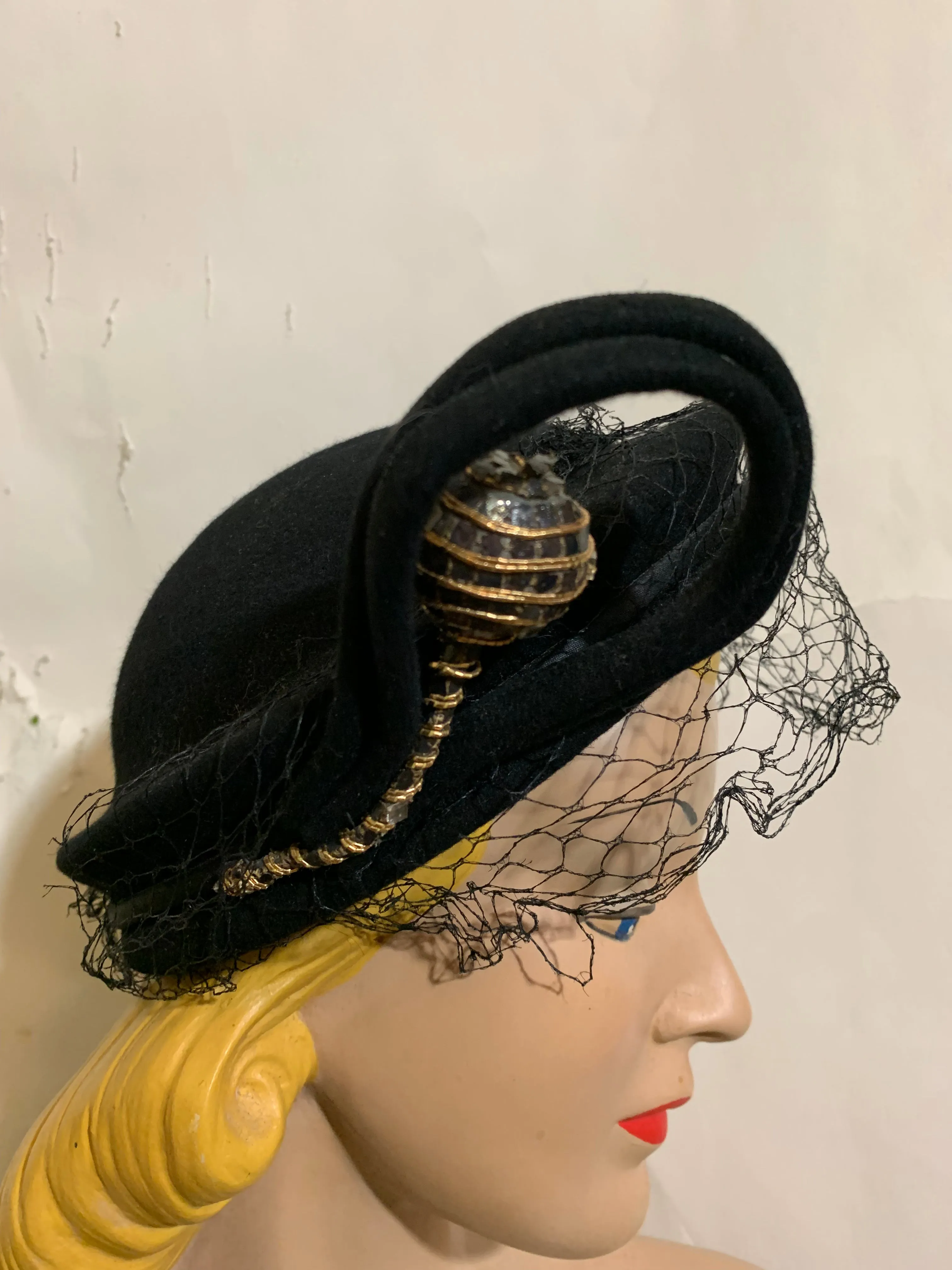 Glam Black Hat with Sculpted Swirl and Metallic Trimmed Accent circa 1930s