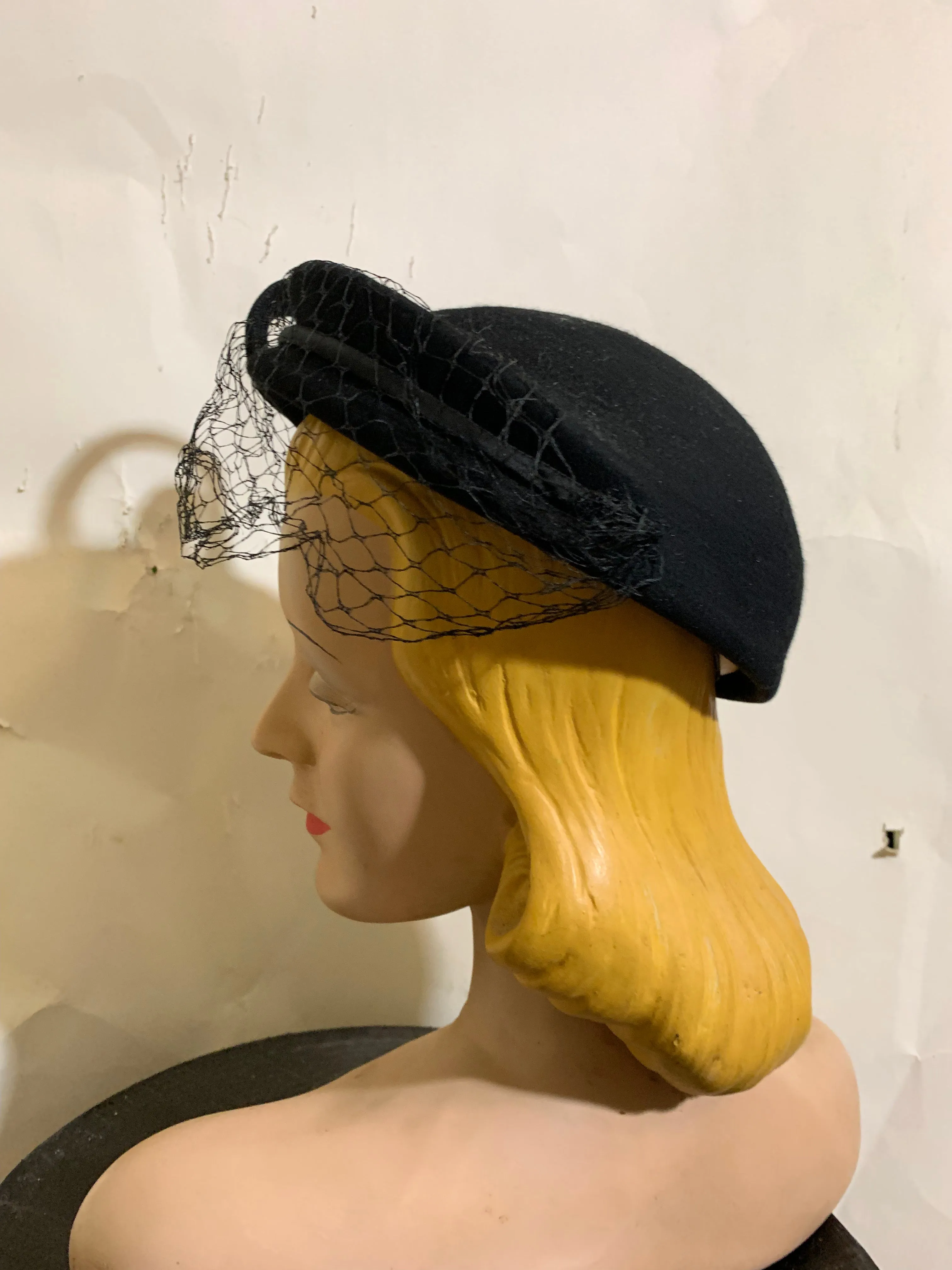 Glam Black Hat with Sculpted Swirl and Metallic Trimmed Accent circa 1930s